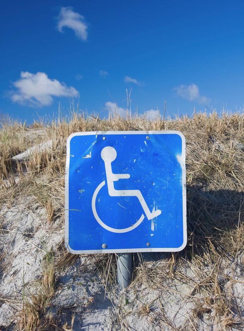 a blue sign with the international symbol of accessibility placed in a dune on the beach