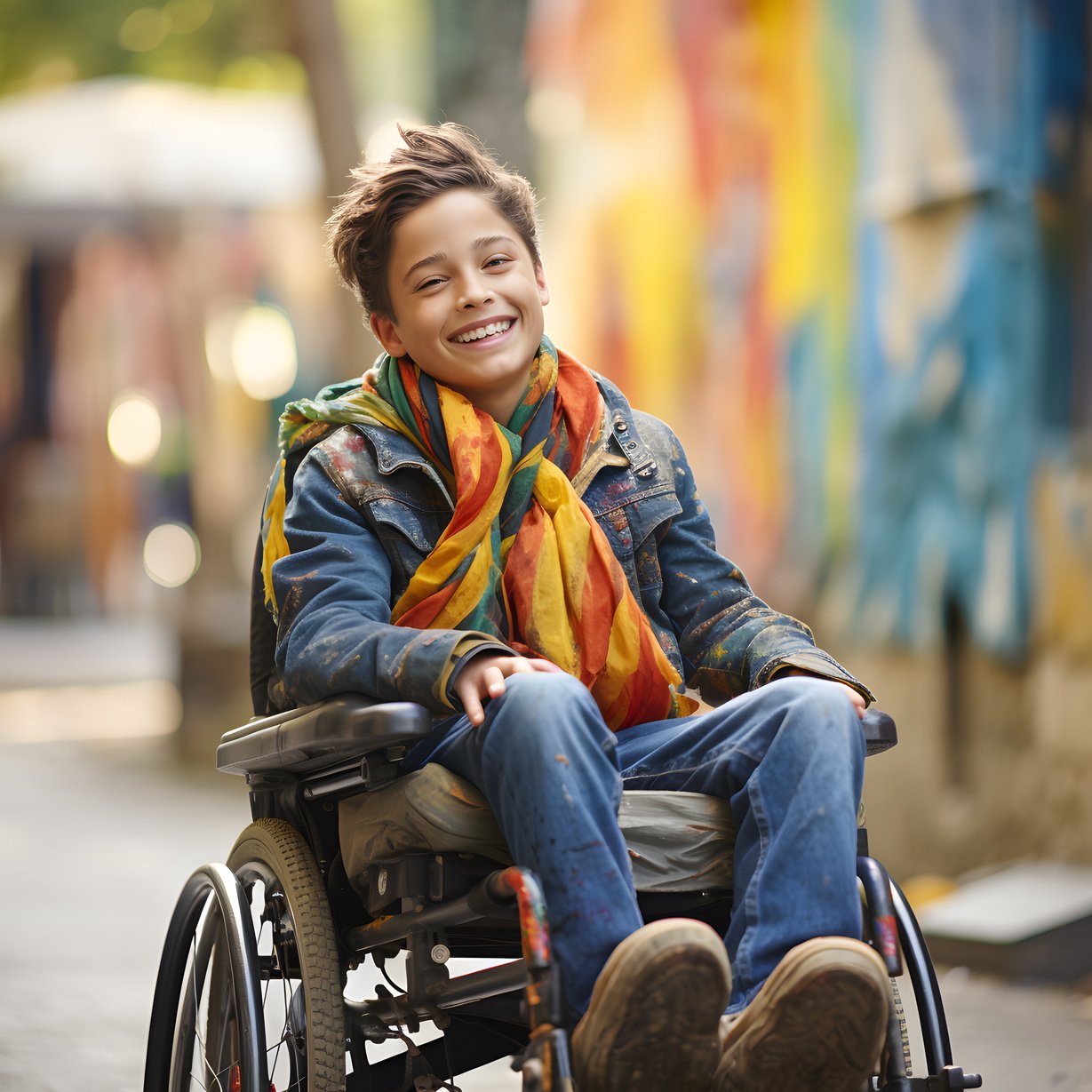 a person in a wheelchair smiling for the camera. A large multi-colored wrap is around his neck and flowing over the pack of the wheelchair. 